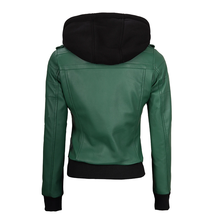 Hazel Women’s Hooded Green Leather Jacket