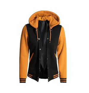 Harper Black and Yellow Hooded Baseball Jacket for Women