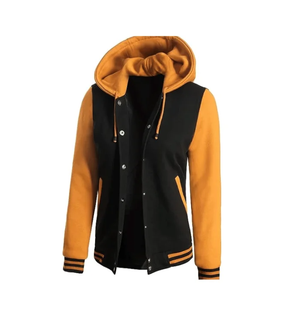 Harper Black and Yellow Hooded Baseball Jacket for Women