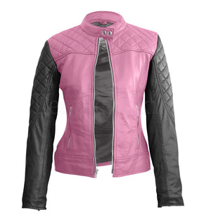 Allure Diamond Quilted Women’s Pink Leather Biker Jacket