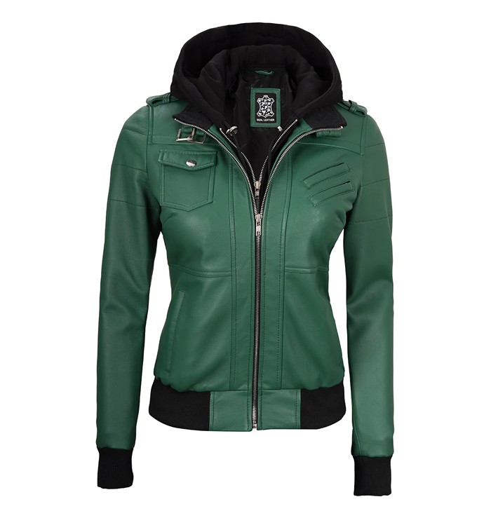 Hazel Women’s Hooded Green Leather Jacket