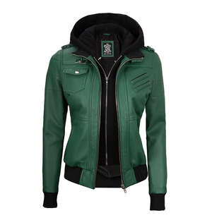 Hazel Women’s Hooded Green Leather Jacket