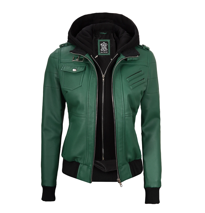 Hazel Women’s Hooded Green Leather Jacket