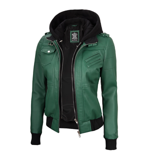 Hazel Women’s Hooded Green Leather Jacket