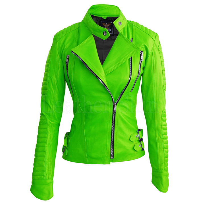 Sage Women’s Parrot Green Leather Biker Jacket