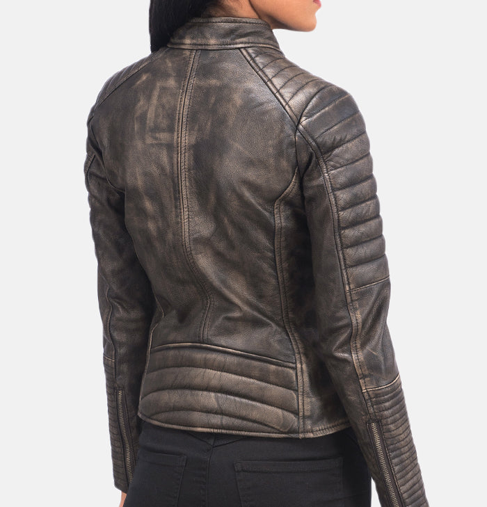 Cecilia Womens Brown Quilted Distressed Leather Café Racer Jacket