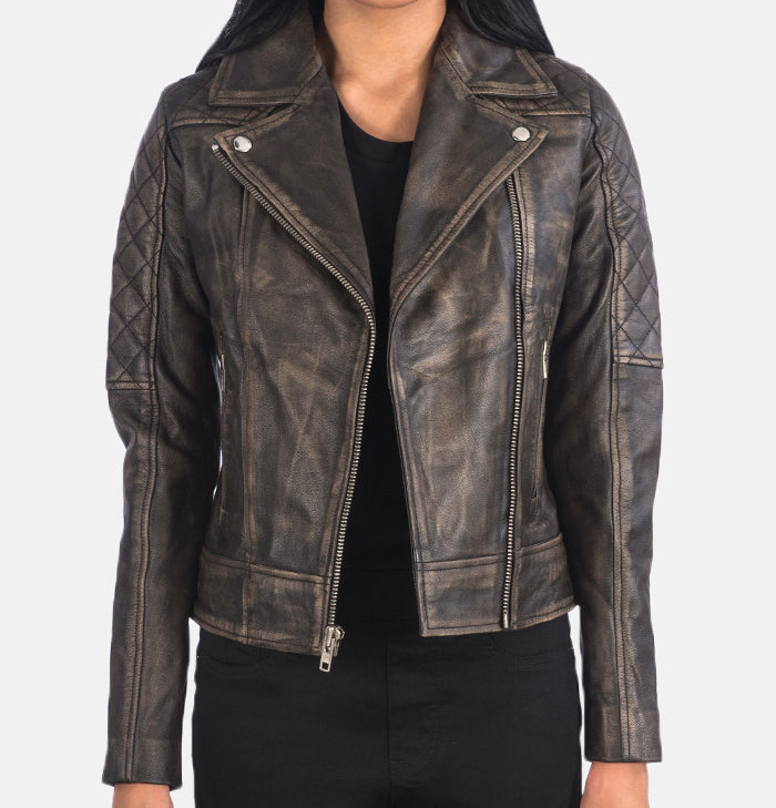 Victoria Womens Distressed Brown Quilted Biker Jacket