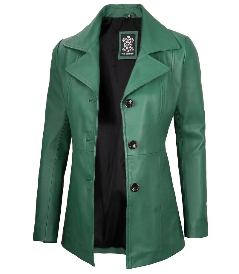 Eleanor Three Button Green Leather Women’s Blazer