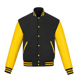 Everett Mens Leather Sleeves Yellow and Black Wool Varsity Jacket