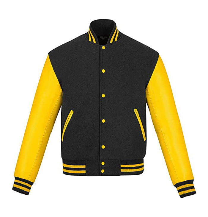 Everett Mens Leather Sleeves Yellow and Black Wool Varsity Jacket