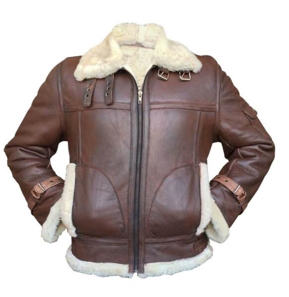 RAF Mens Leather Light Brown Bomber Jacket With Fur Collar