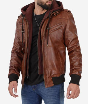 Edinburgh Men's Brown Leather Bomber Jacket With Removable Hood