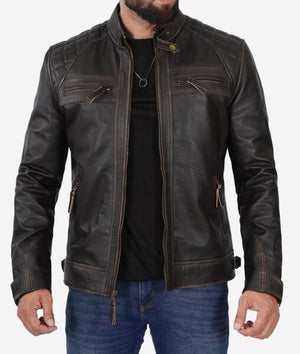 Claude Men's Distressed Brown Leather Biker Jacket